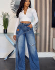 Asymmetrical Wrap Wide-Leg Denim Jeans.