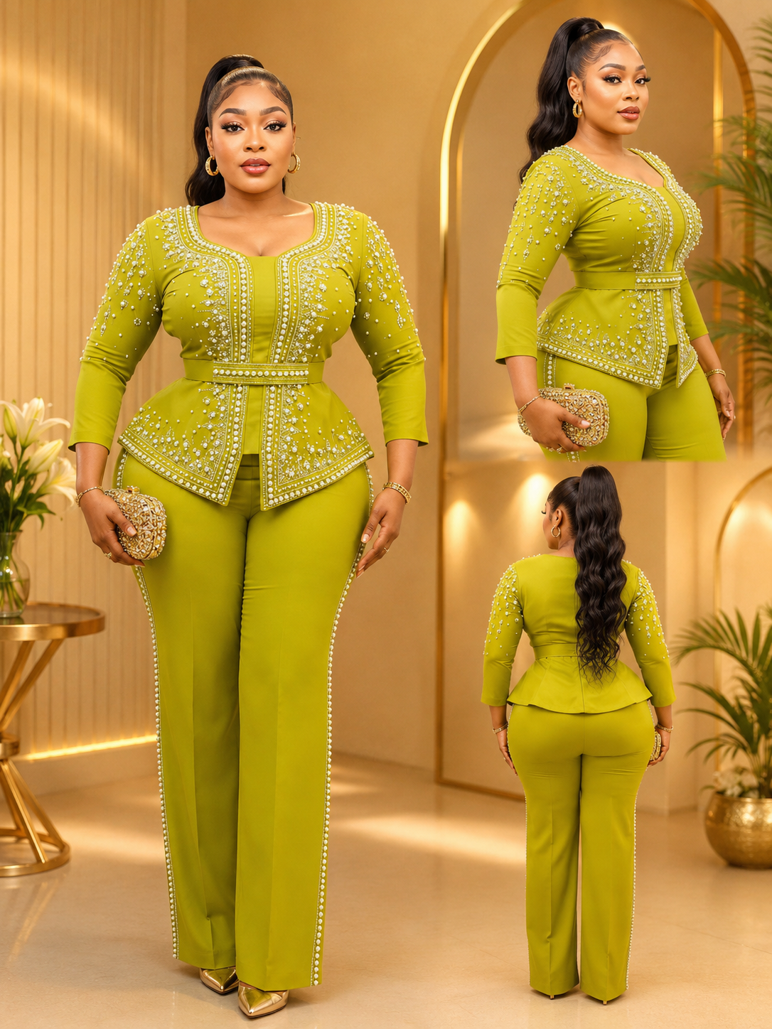 Emerald Luxe Pearl Embellished Pants Set.