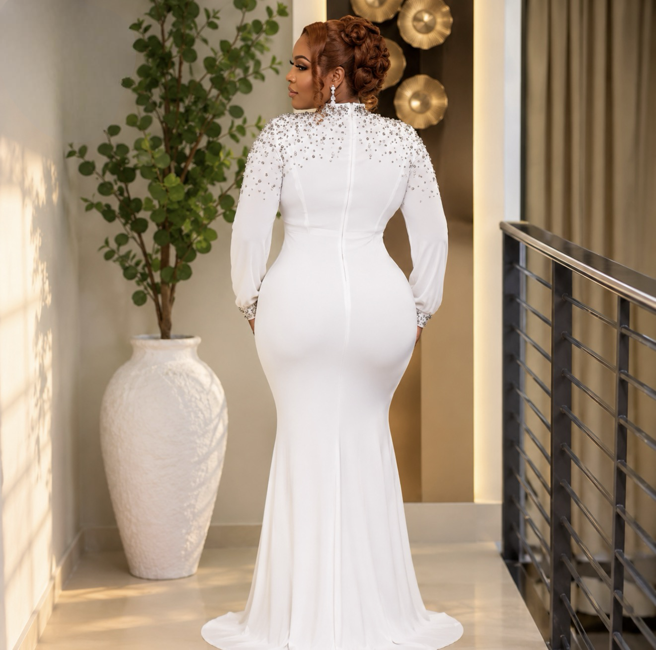 Luxury Crystal Embellished White Maxi Gown.