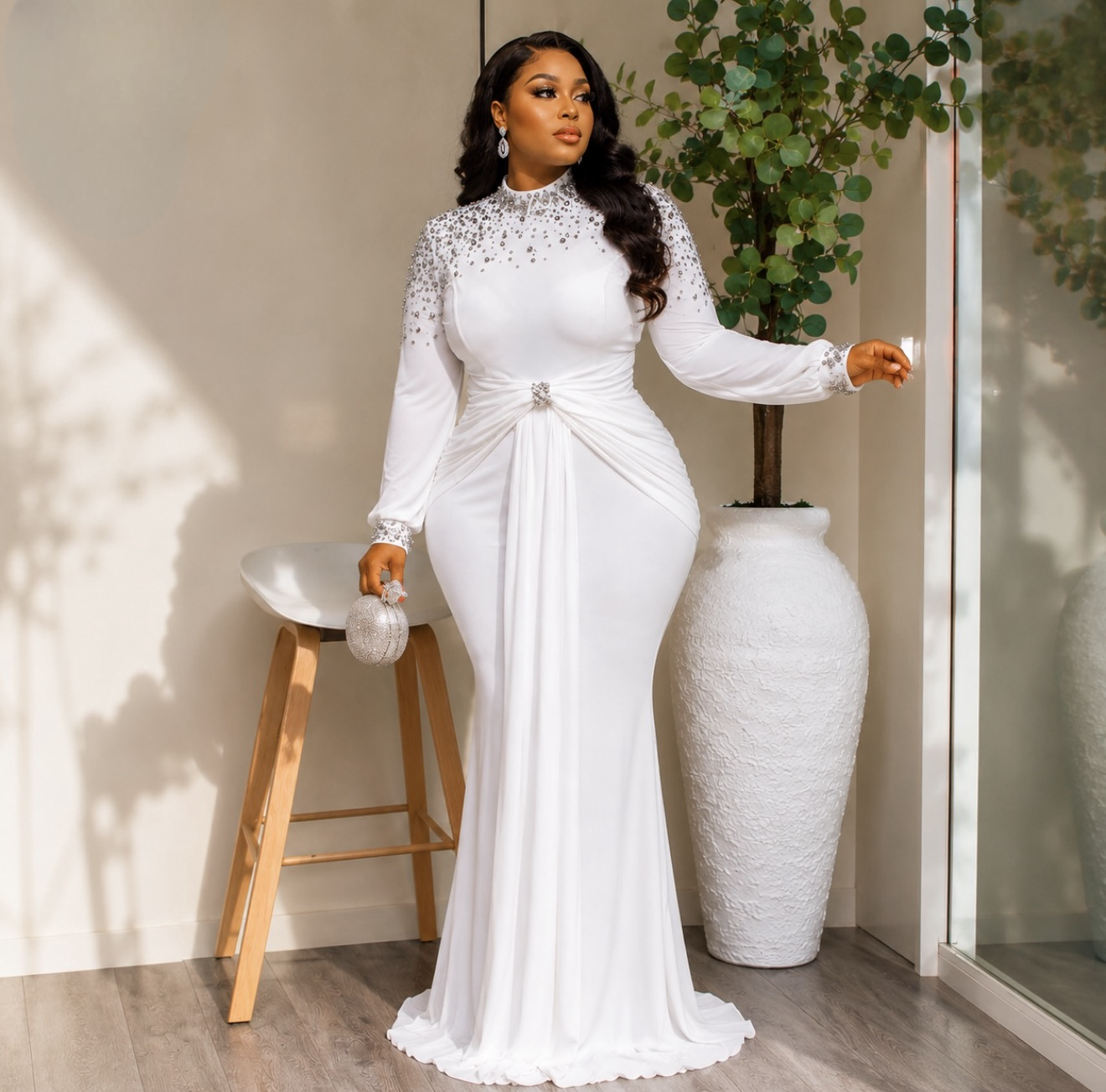 Luxury Crystal Embellished White Maxi Gown.