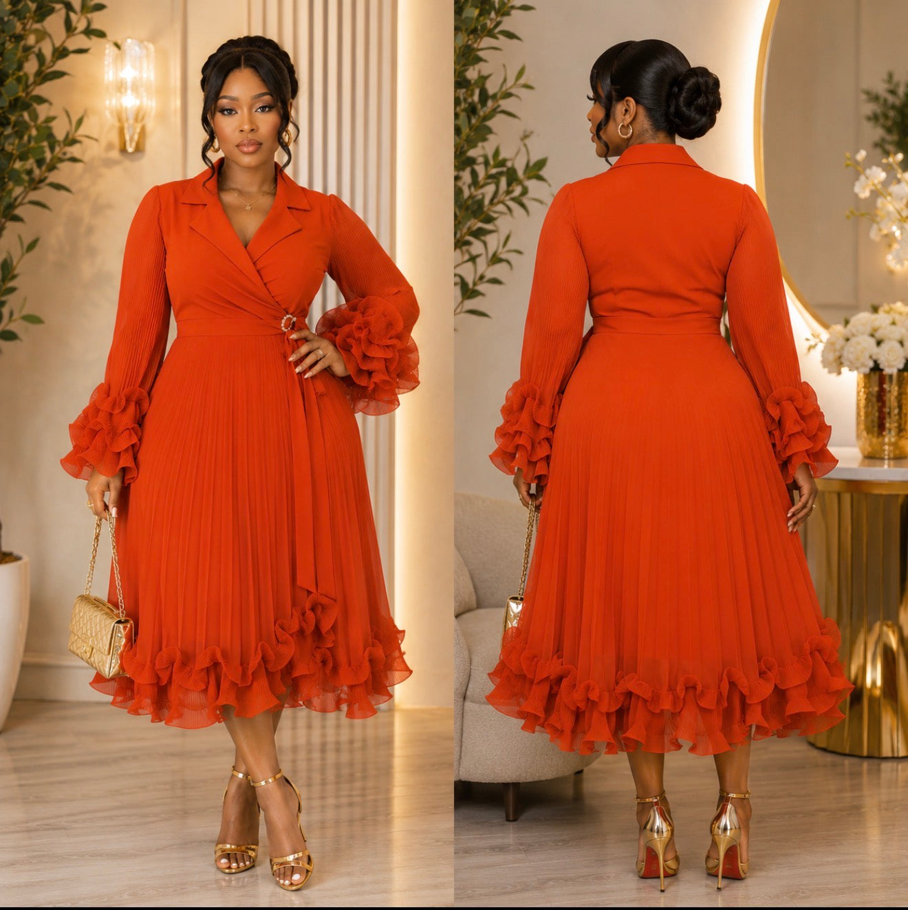 Autumn Elegance Pleated Ruffle Dress.