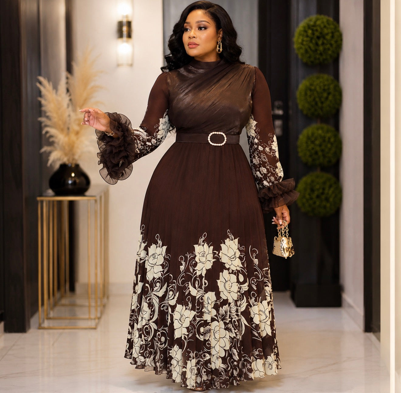 Chocolate Floral Elegance Dress.