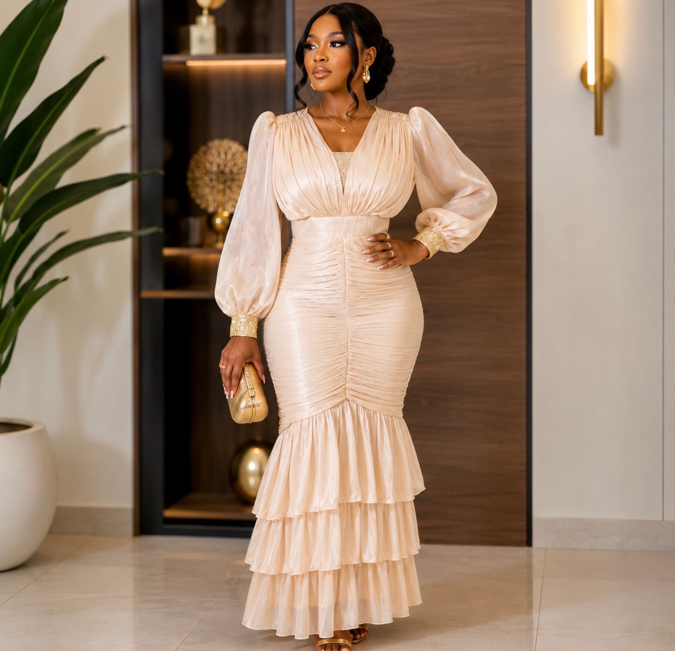 Champagne Elegance Ruched Maxi Dress.