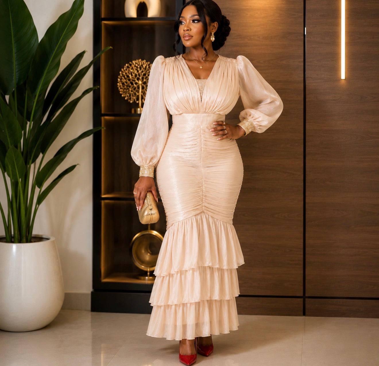 Champagne Elegance Ruched Maxi Dress.