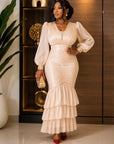 Champagne Elegance Ruched Maxi Dress.
