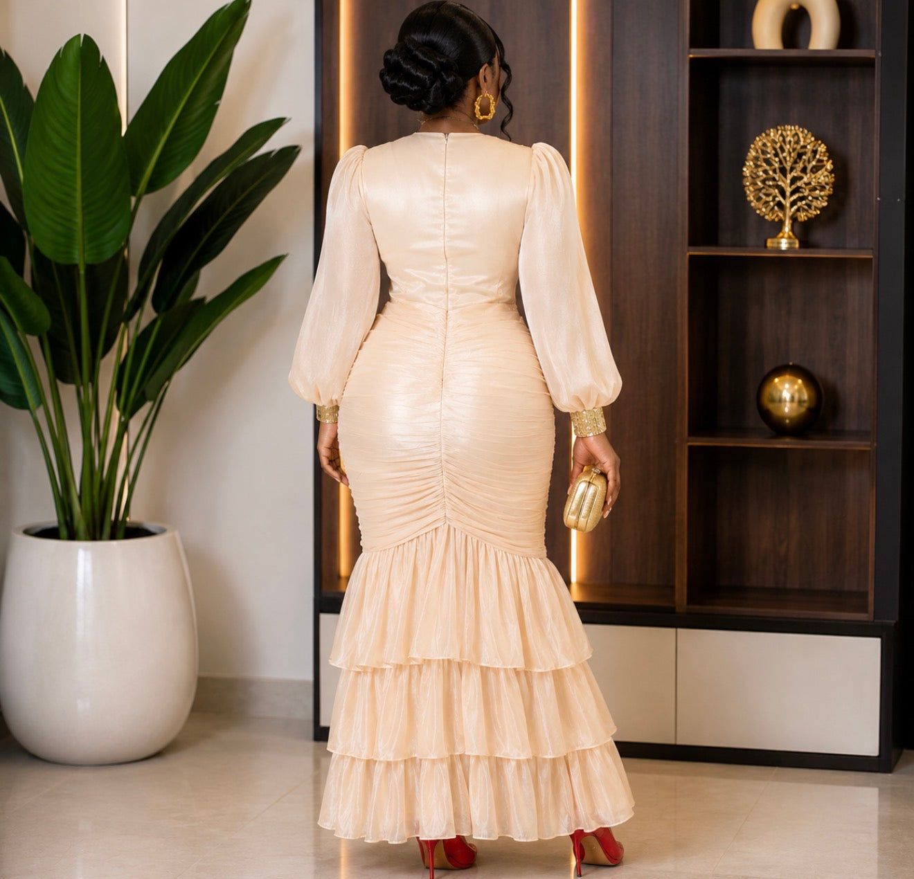 Champagne Elegance Ruched Maxi Dress.