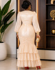 Champagne Elegance Ruched Maxi Dress.