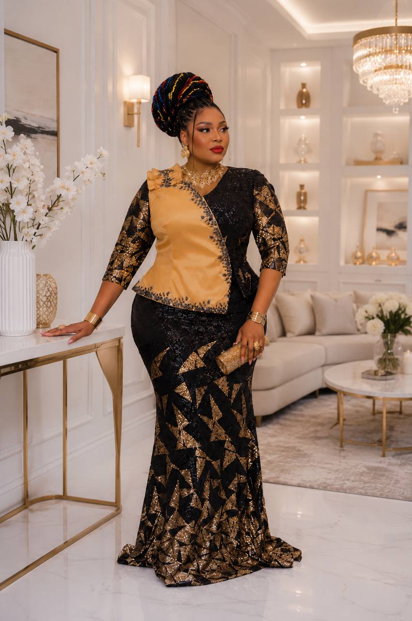 Royal Noir Gold Luxe Peplum Gown.