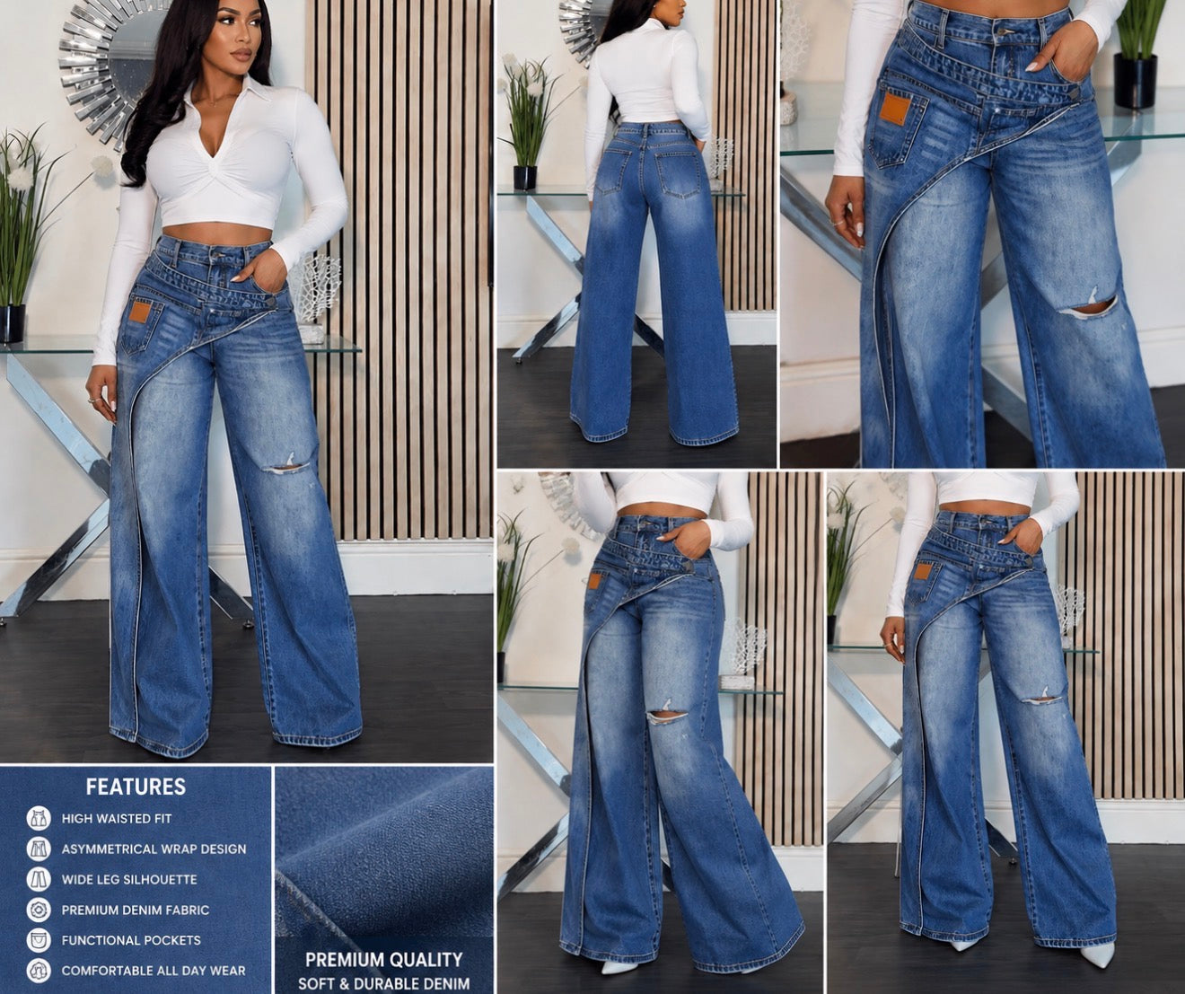Asymmetrical Wrap Wide-Leg Denim Jeans.