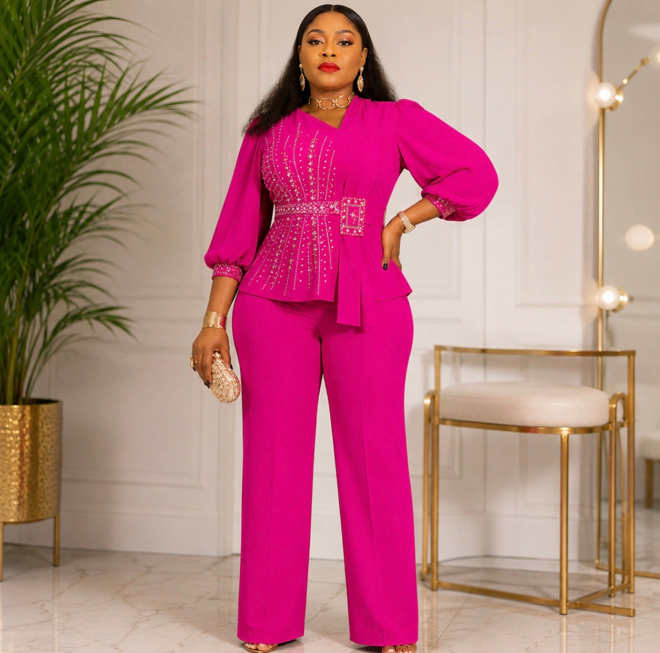 Luxe Fuchsia Embellished Pantsuit.