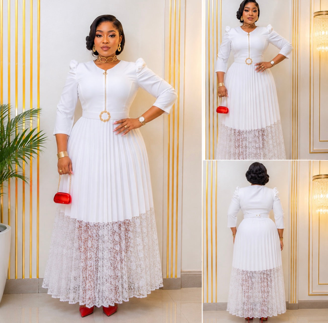Regal Grace Lace Trim Pleated Maxi Dress.