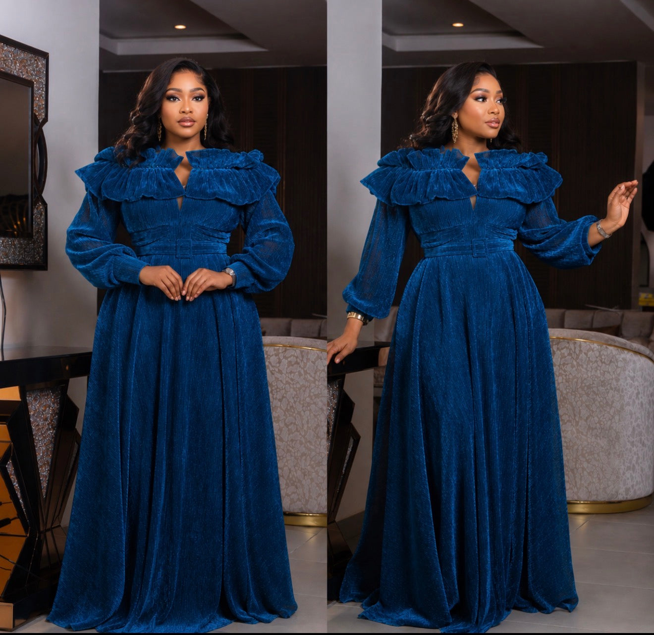 Royal Blue Ruffle Maxi Dress.