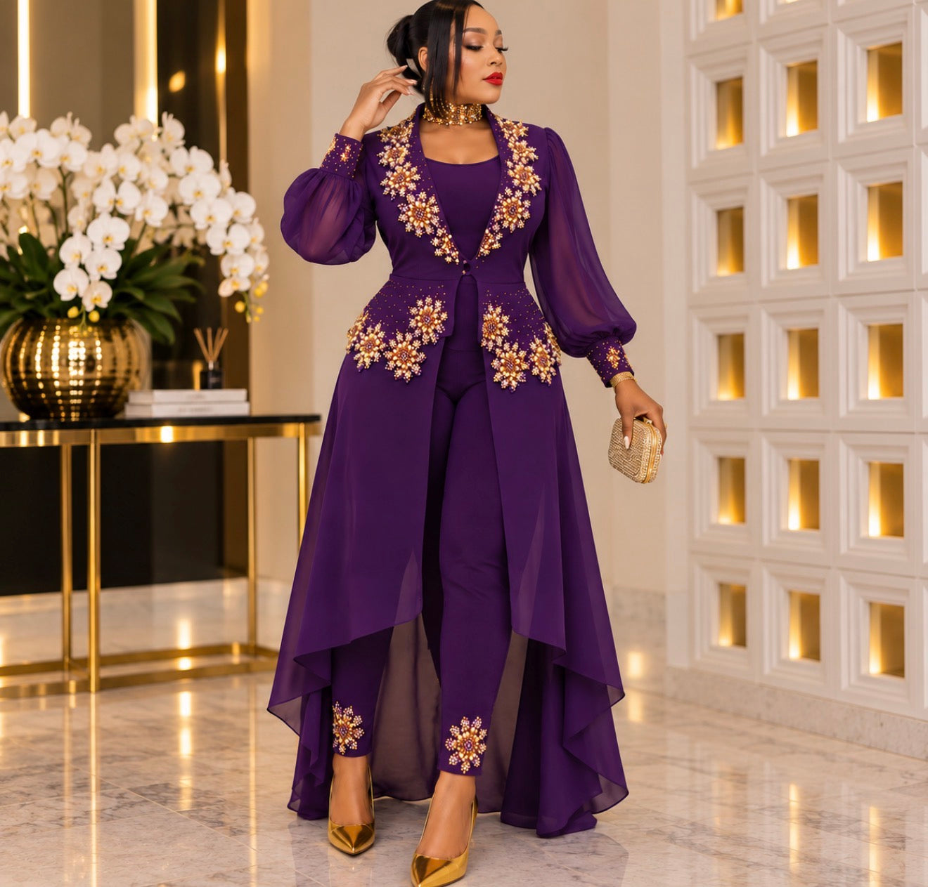 Royal Purple Elegance Embellished Pant Set.