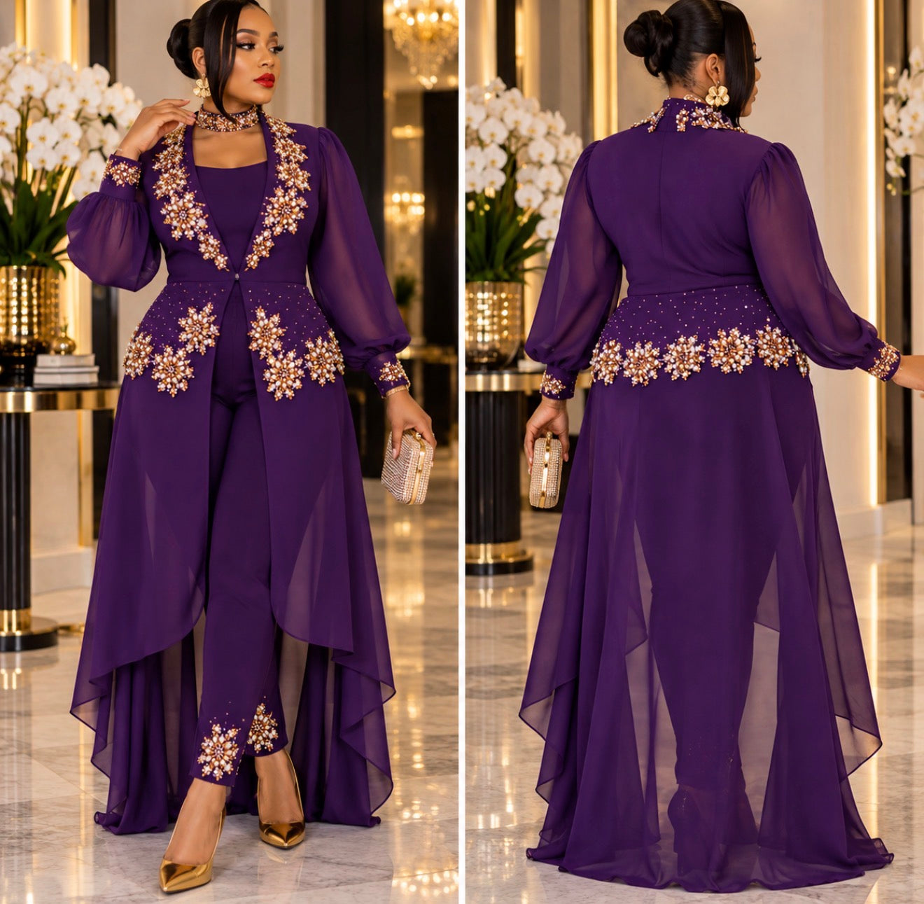 Royal Purple Elegance Embellished Pant Set.