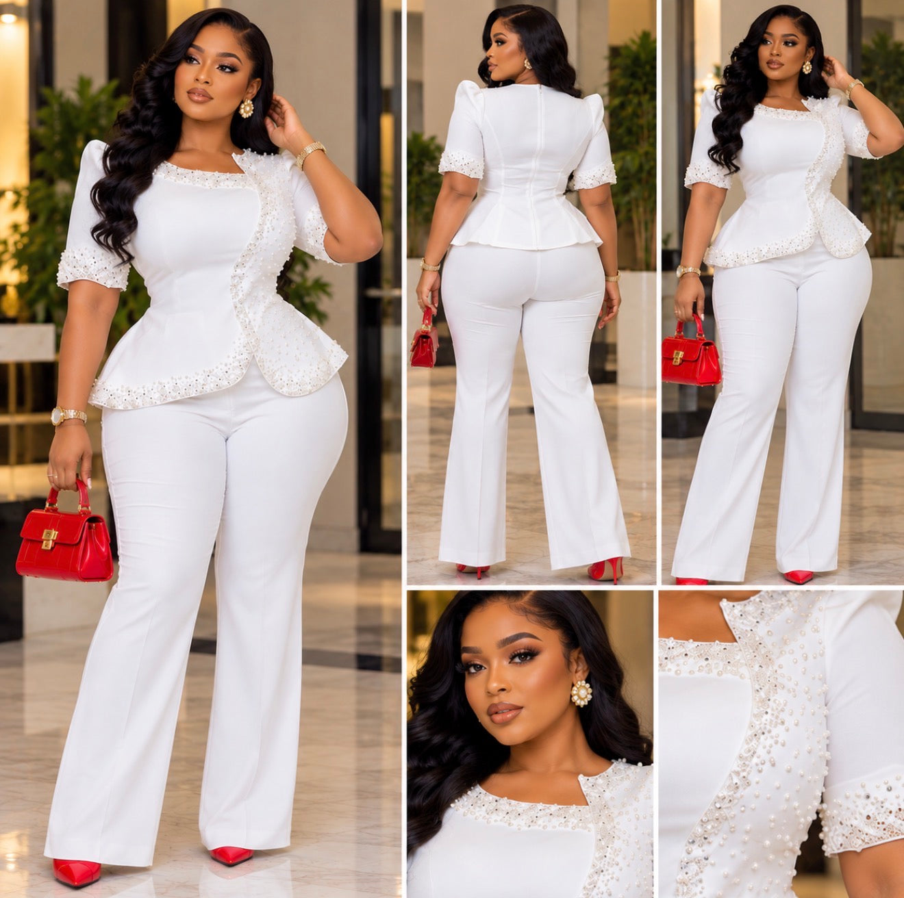 Elegant Pearl Embellished White Peplum Set.