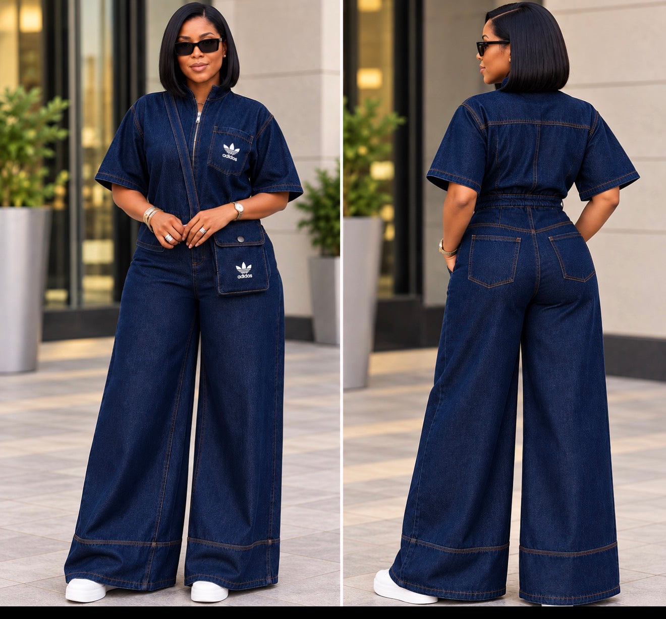Luxe Indigo Denim Jumpsuit With cross bag.