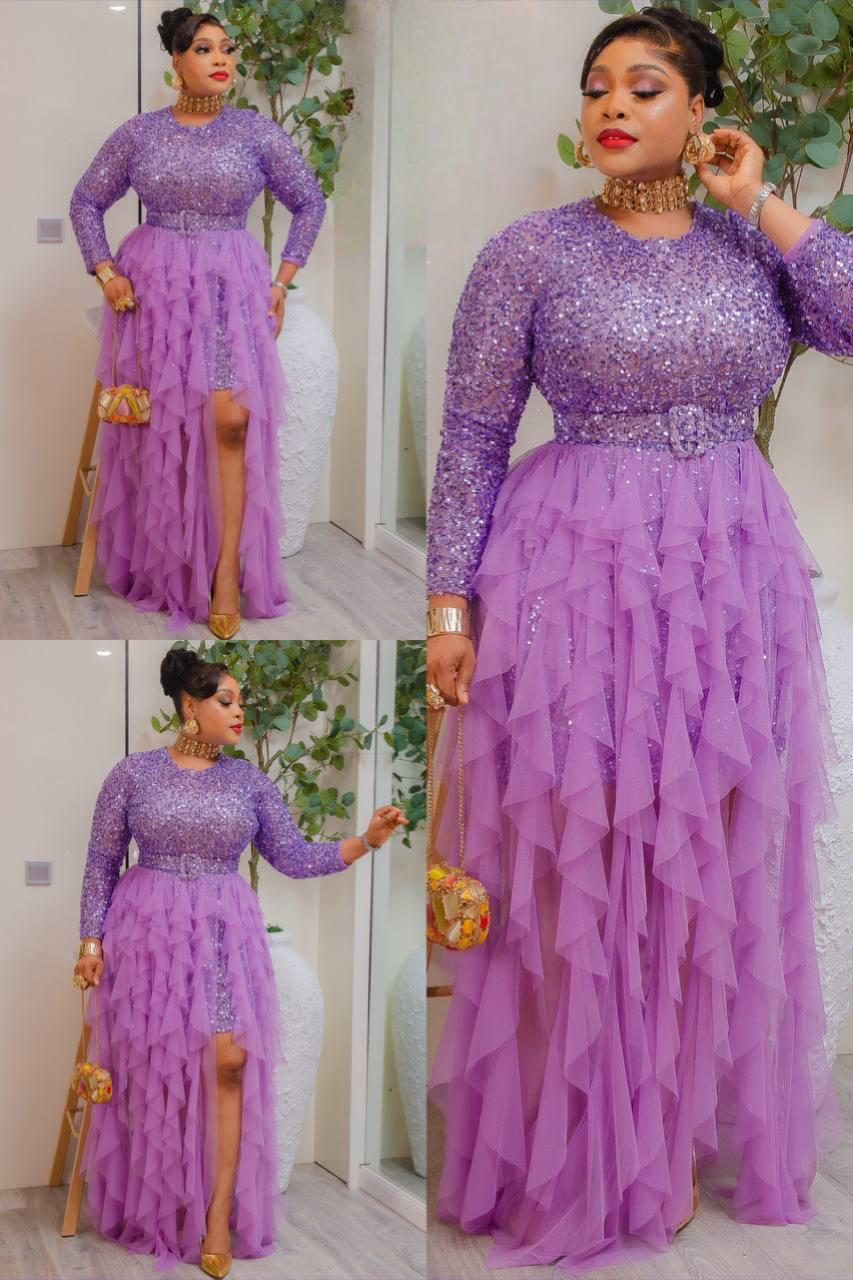 Lavender sequin ruffle gown.